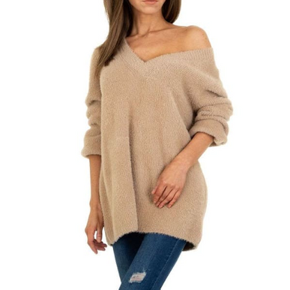 Pull Femme col V doux beige – TU