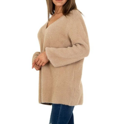 Pull Femme col V doux beige – TU