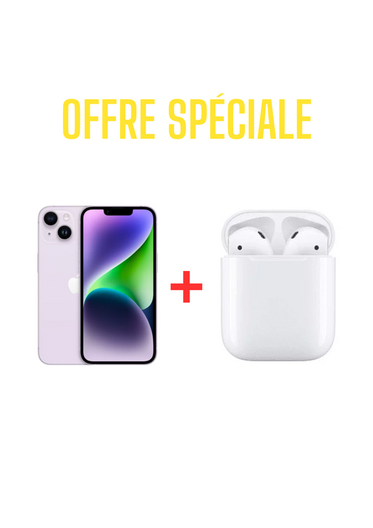 Pack Apple AirPods 2 Original avec Étui de Charge 2e Génération Blanc + Smartphone iPhone 14 Apple Mauve 512 Go