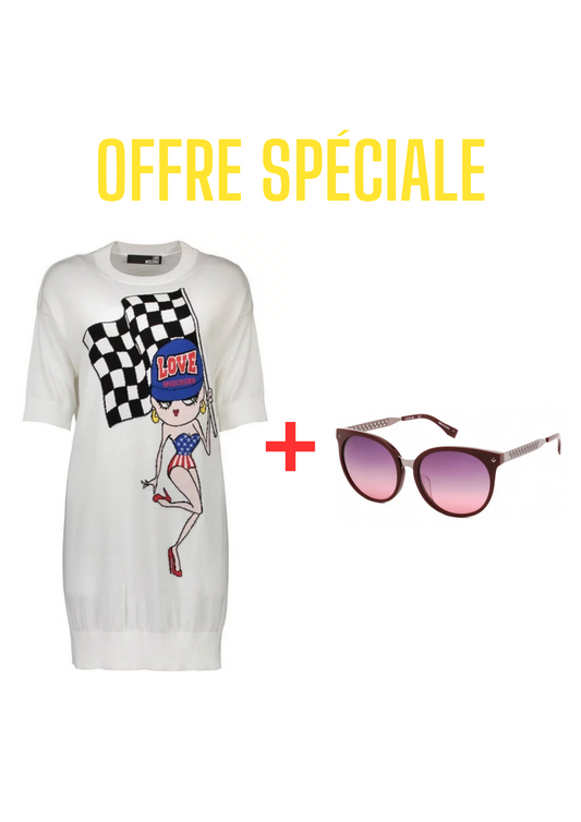 Pack Robe Love Moschino Courte Blanc + Lunettes de Soleil Femme Lacoste